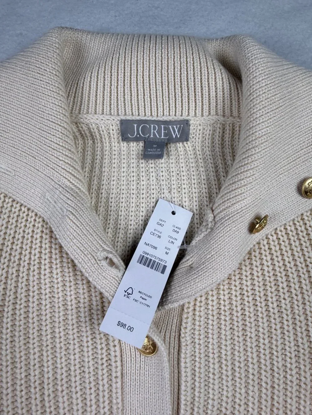 NEW J.Crew Cream Cotton Ribbed Gold Button Collar Sweater Size M